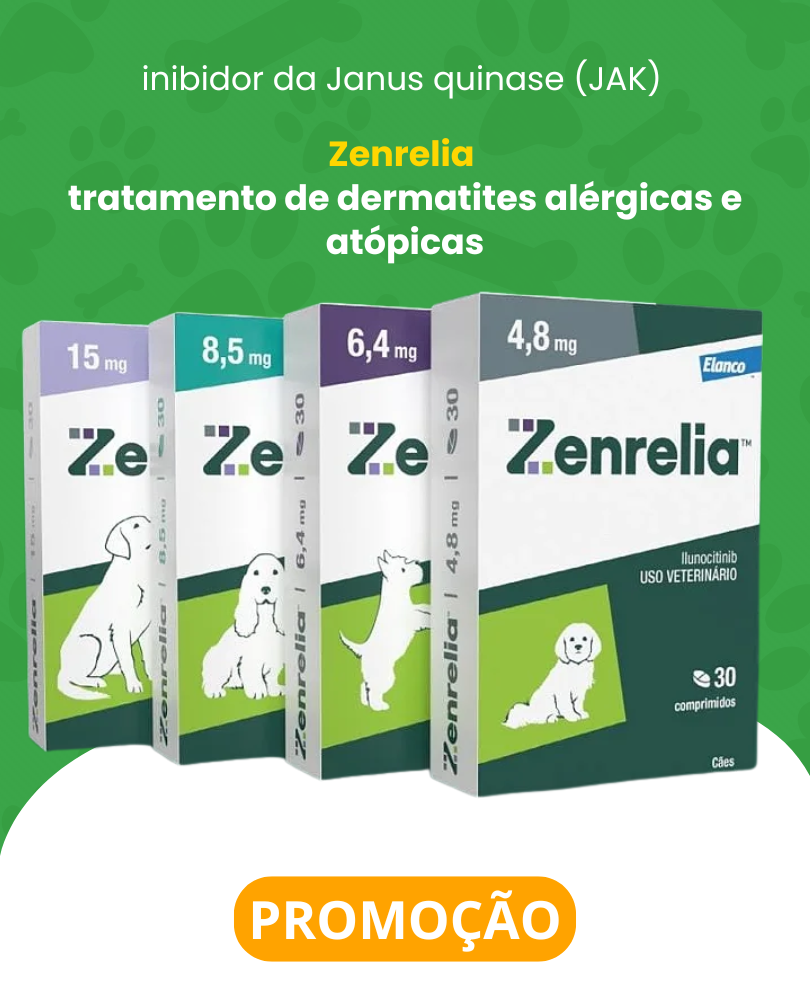 Quatro embalagens do medicamento Zenrelia da Elanco nas dosagens 15mg, 8,5mg, 6,4mg e 4,8mg. O produto é um inibidor da Janus quinase (JAK) indicado para o tratamento de dermatites alérgicas e atópicas em cães. Imagem com selo de promoção.